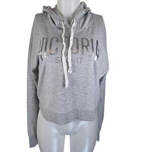 Victoria Secret Sport Cropped Gray Silver Hooded Athletic Womens Pullover L
